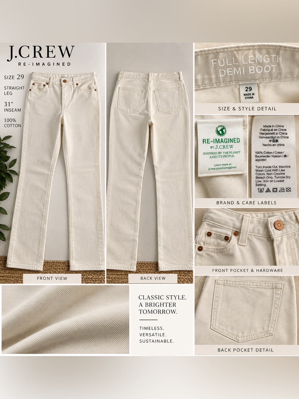 J.Crew reimagined 100% cotton white straight leg pant size 29